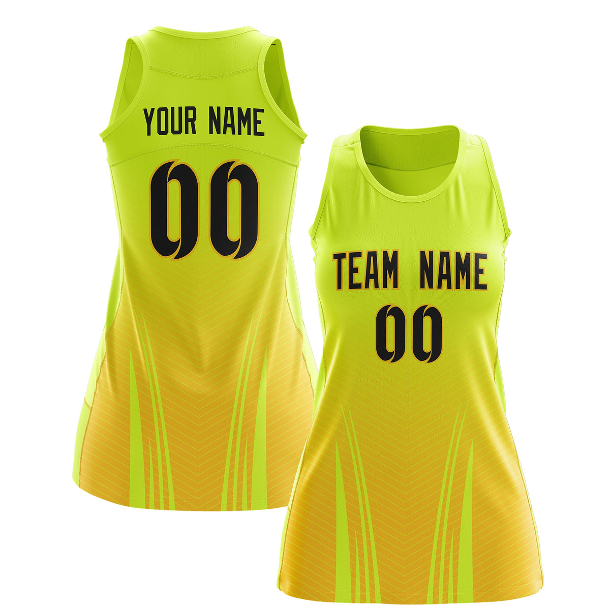 Custom Netball Dress Fluorescent Green Gold for Women with V-Shaped Pinstripes Personalized Team Uniform