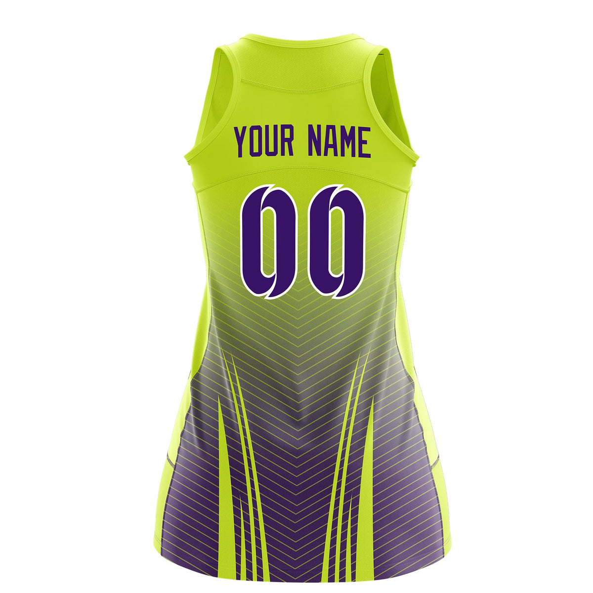 Custom Netball Dress | Fluorescent Green Purple V-Shaped Pinstripes Gradient Team Uniform