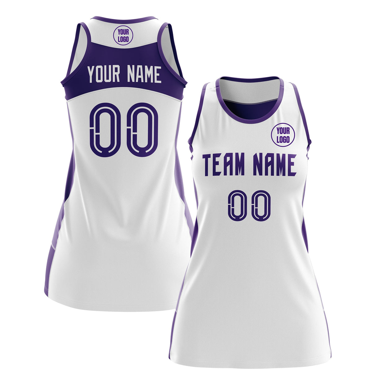 Custom Netball Dress | White Purple Classic Style Two-Tone Breathable Performance Sportswear