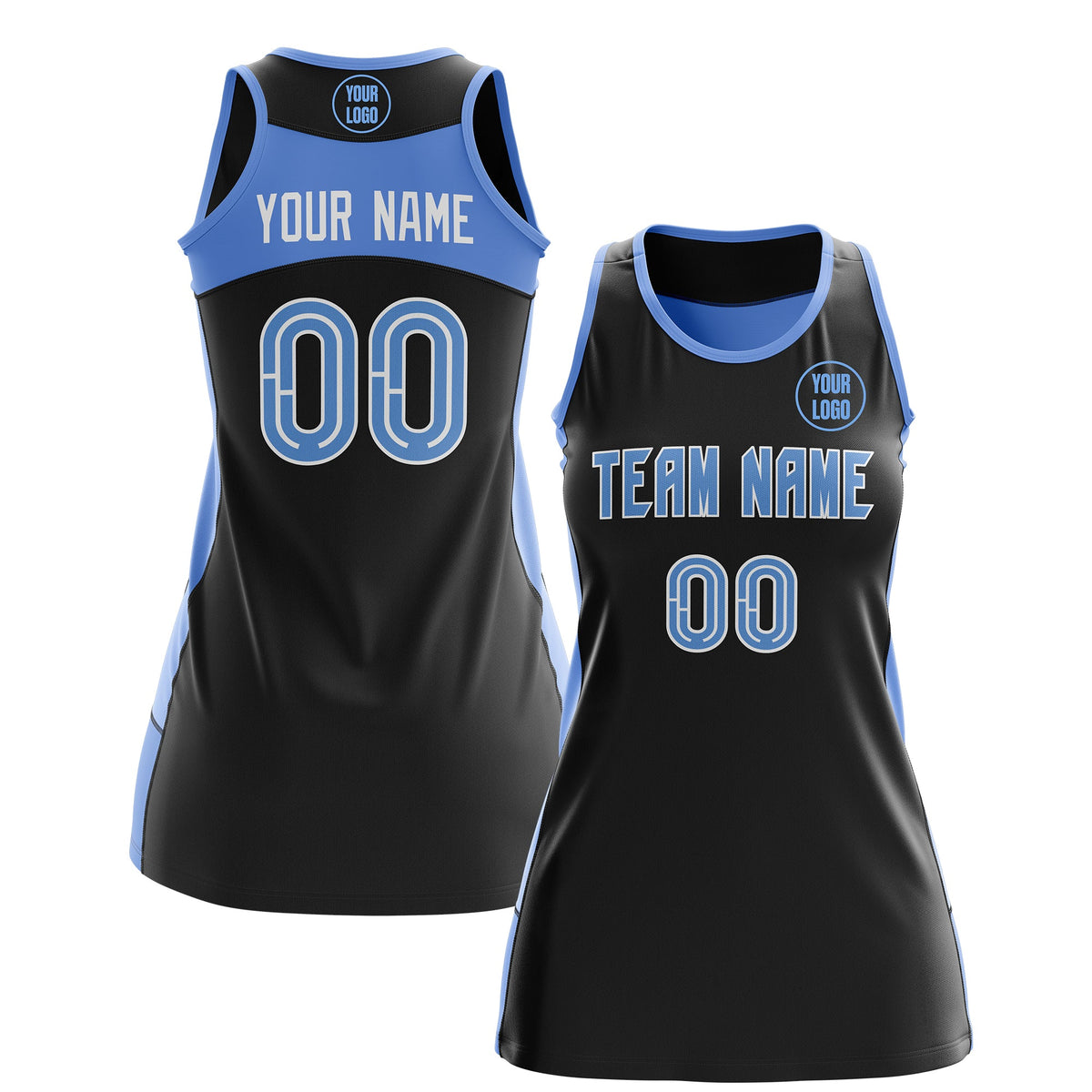 Custom Netball Dress | Black Powder Blue Classic Style Two-Tone Professional Team Uniforms
