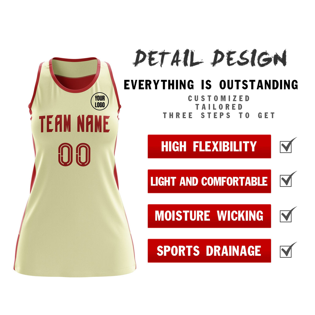 Custom Netball Dress | Cream Red Classic Style Two-Tone Breathable Performance Sportswear