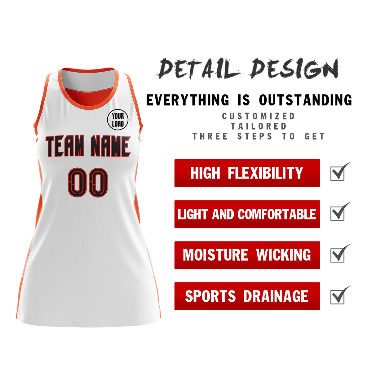 Custom Netball Dress | White Orange Classic Style Two-Tone Breathable Performance Sportswear