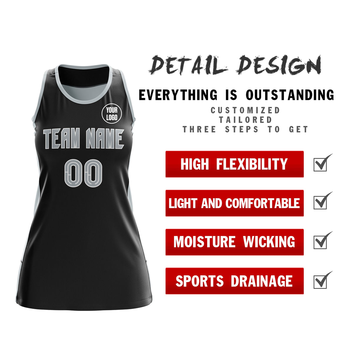Custom Netball Dress | Black Silver Classic Style Two-Tone Professional Team Uniforms