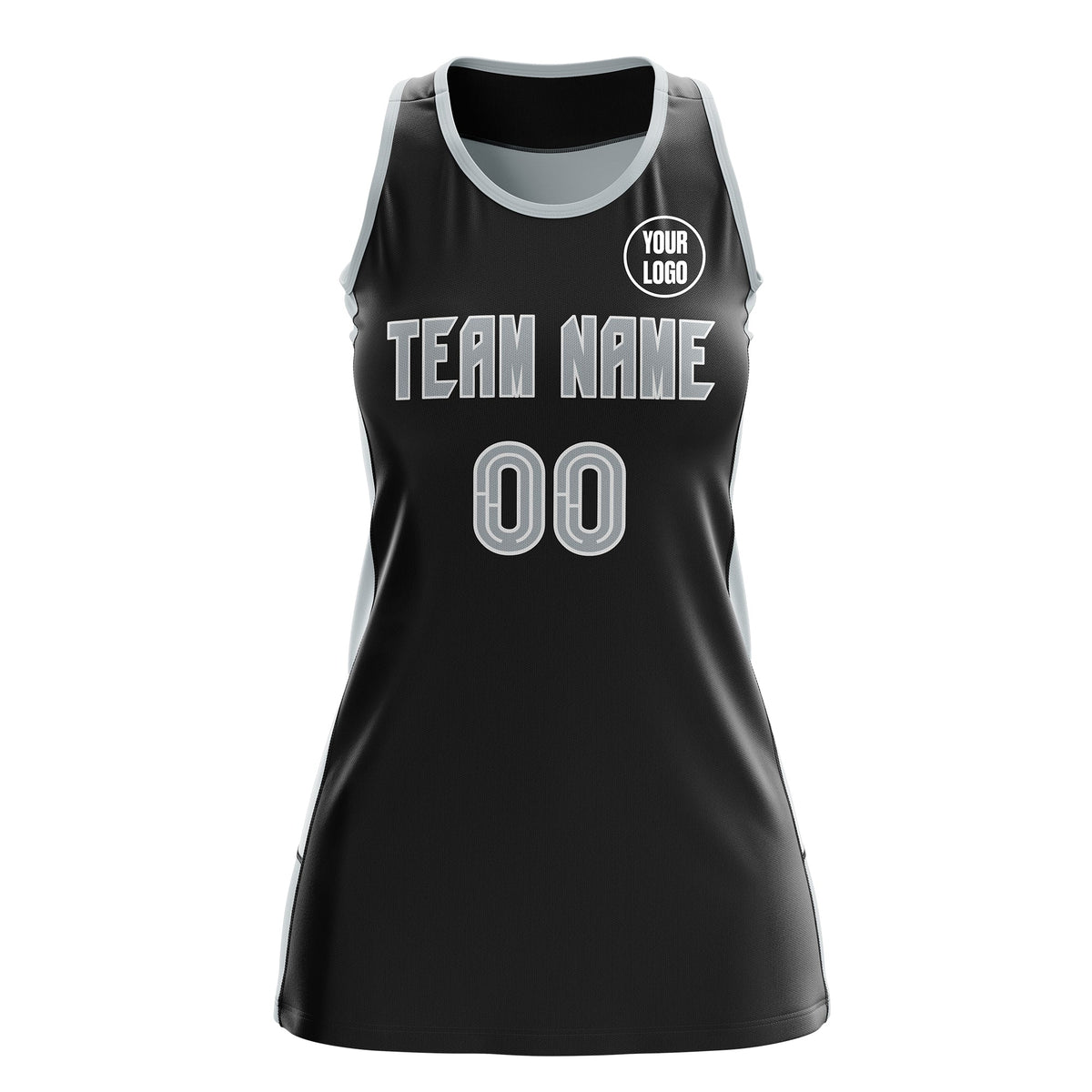 Custom Netball Dress | Black Silver Classic Style Two-Tone Professional Team Uniforms