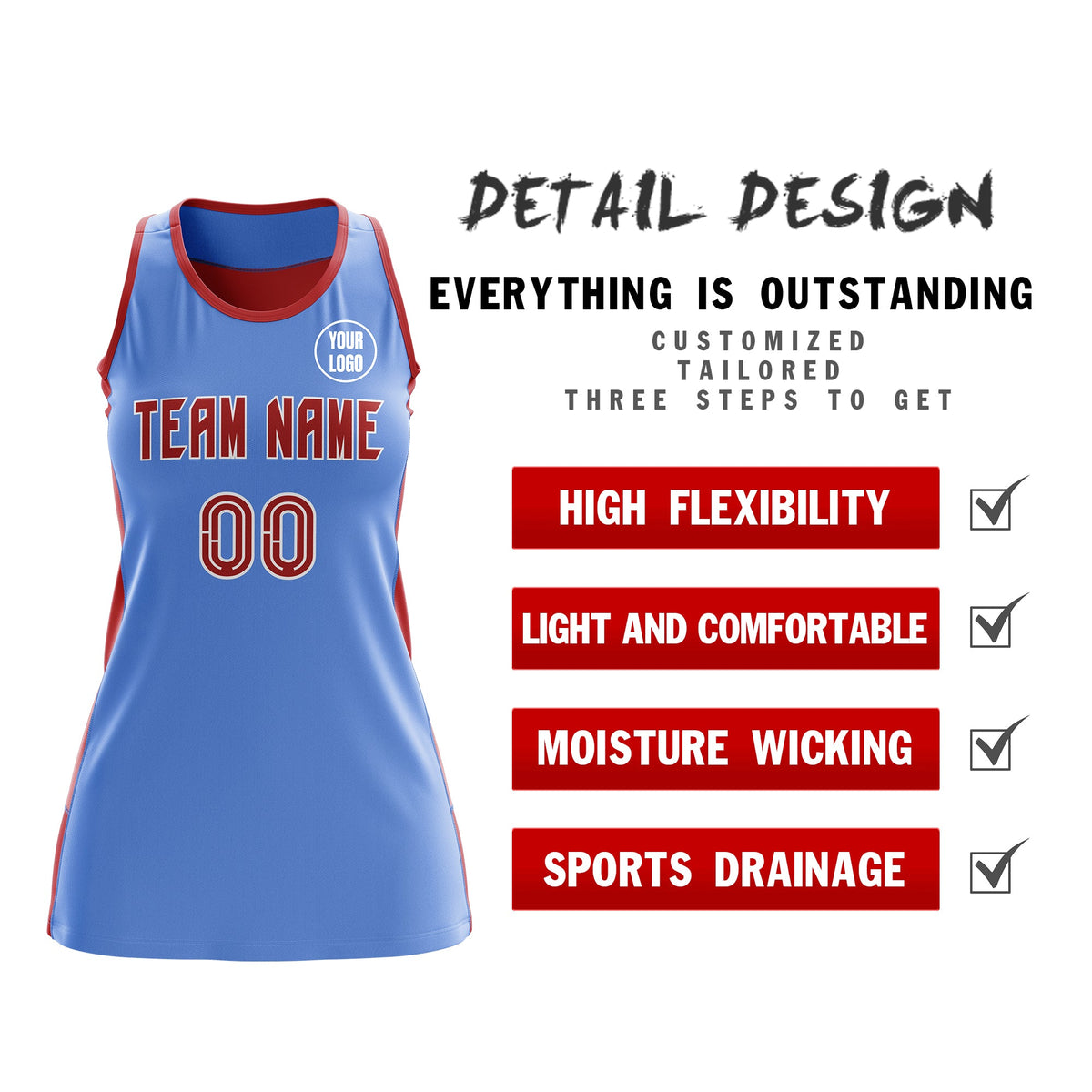 Custom Netball Dress | Powder Blue Red Classic Style Two-Tone Match Day Uniform