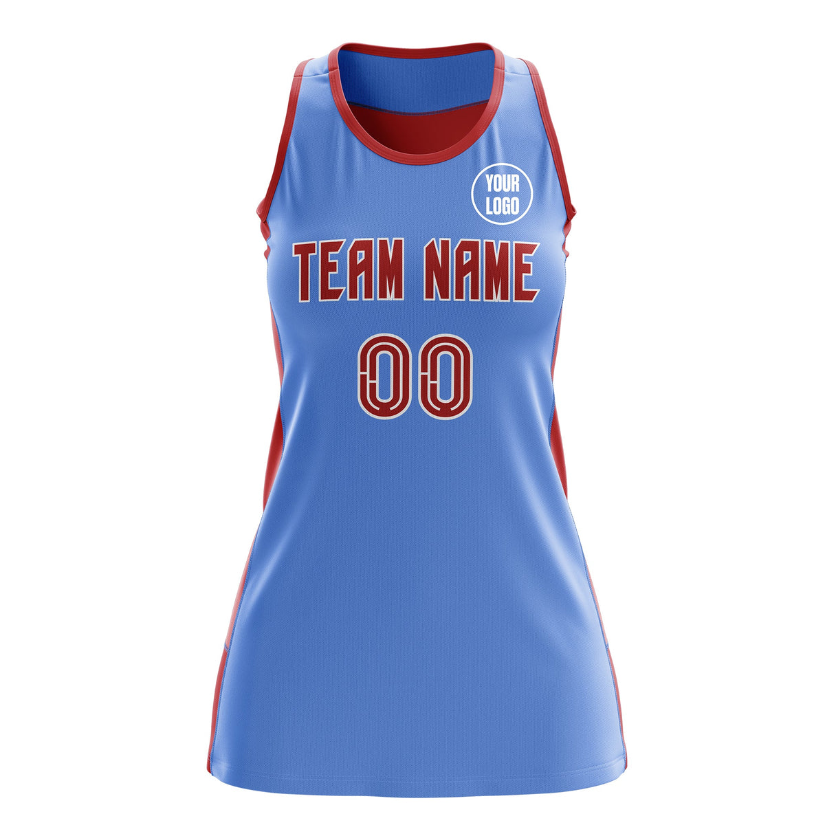 Custom Netball Dress | Powder Blue Red Classic Style Two-Tone Match Day Uniform
