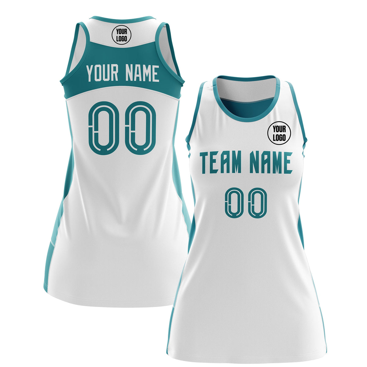Custom Netball Dress | White Teal Classic Style Two-Tone Professional Team Uniforms