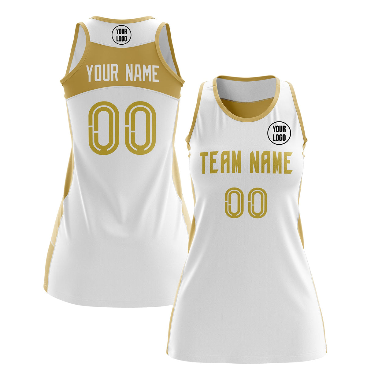Custom Netball Dress | White Old Gold Classic Style Two-Tone Breathable Performance Sportswear
