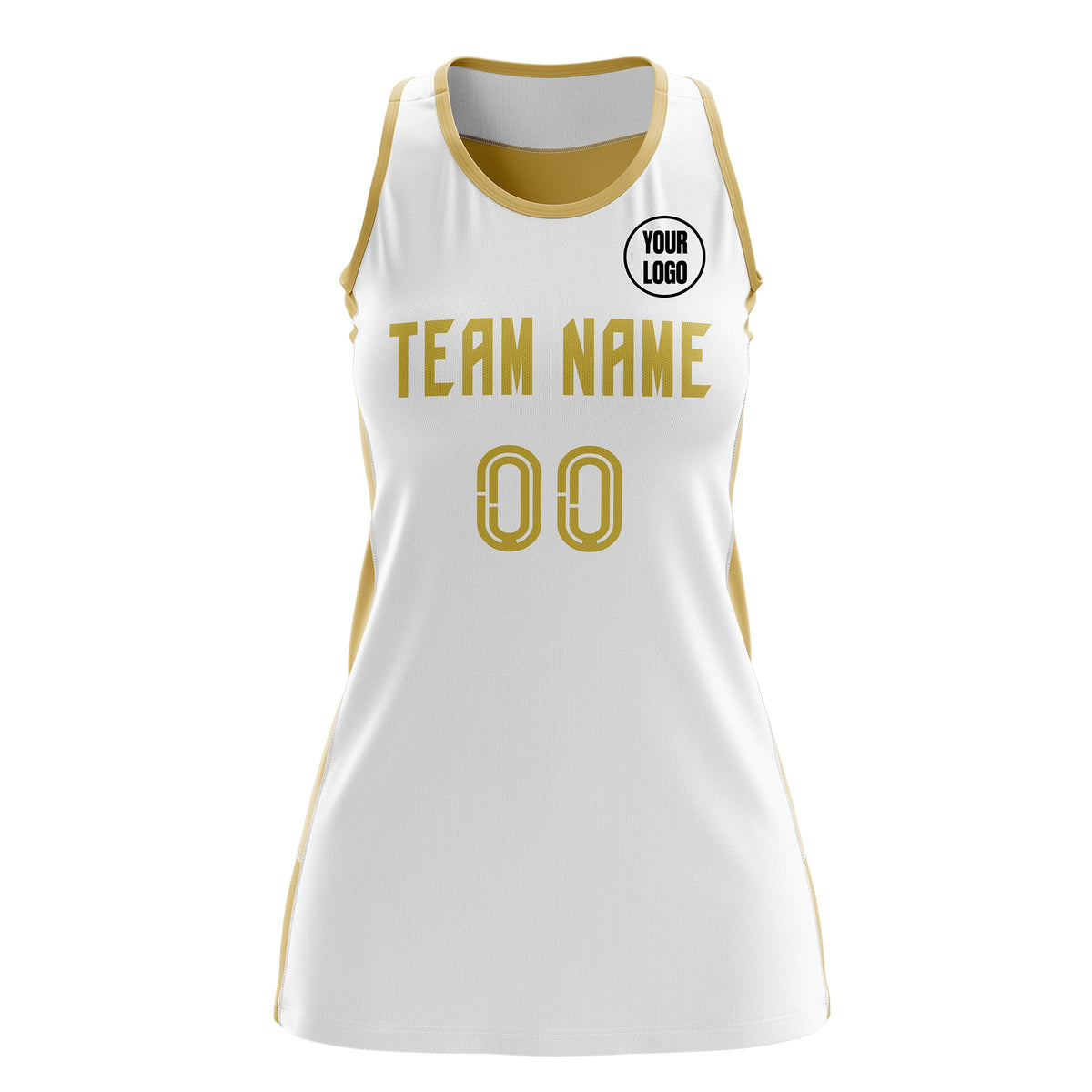 Custom Netball Dress | White Old Gold Classic Style Two-Tone Breathable Performance Sportswear
