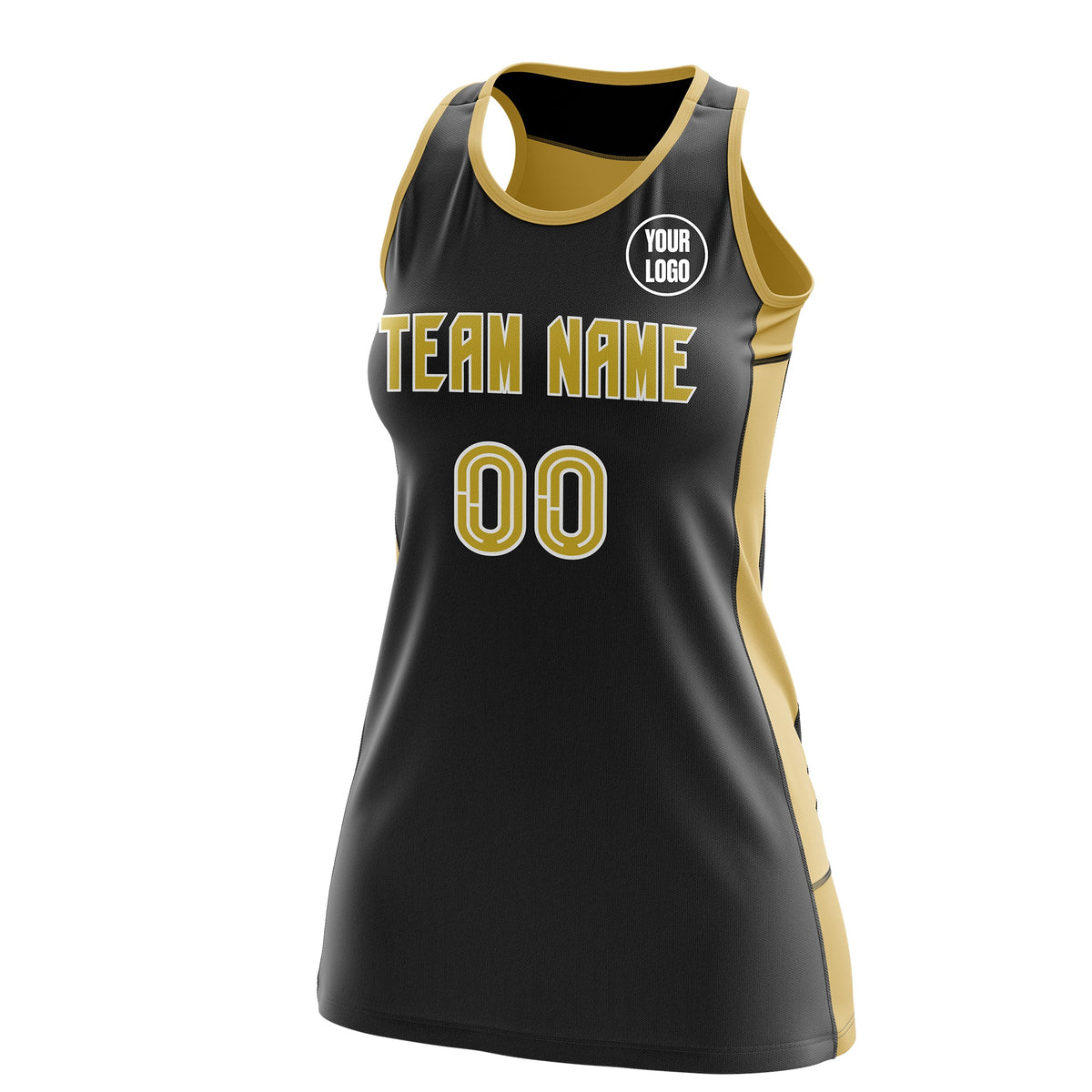 Custom Netball Dress | Black Old Gold Classic Style Two-Tone Professional Team Uniforms