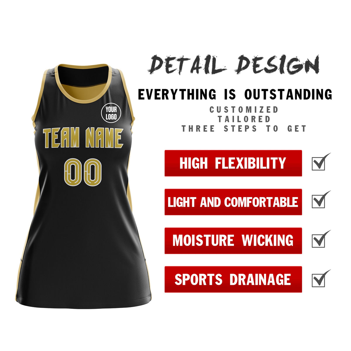 Custom Netball Dress | Black Old Gold Classic Style Two-Tone Professional Team Uniforms