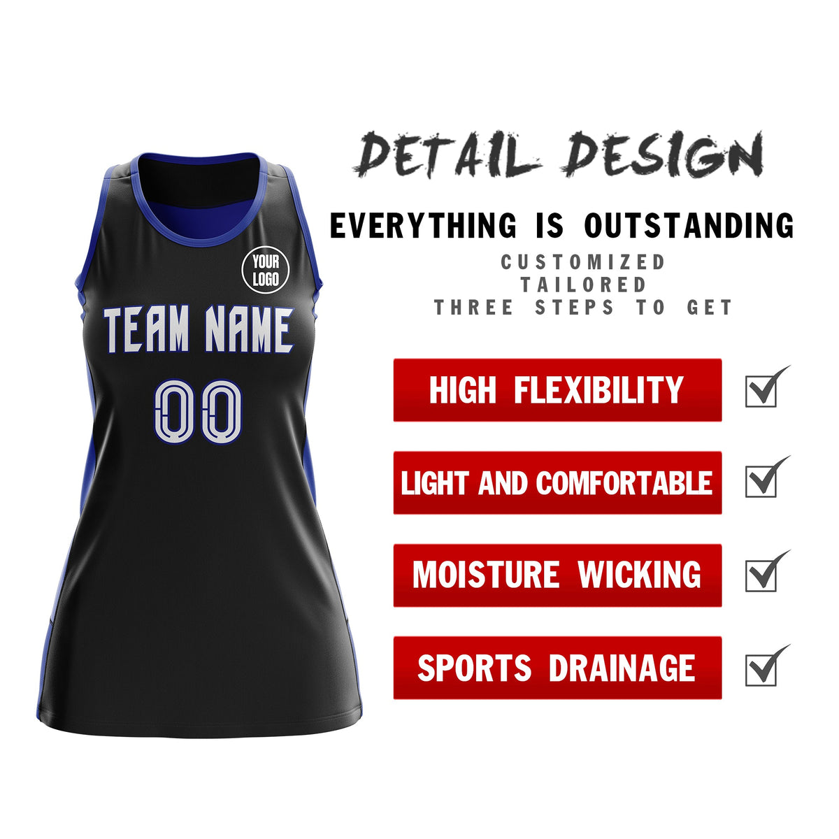 Custom Netball Dress | Black Royal Blue Classic Style Two-Tone Professional Team Uniforms