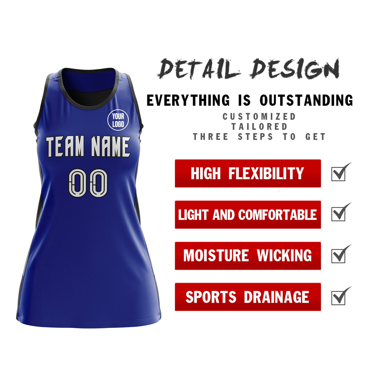 Custom Netball Dress | Royal Blue Black Classic Style Two-Tone Match Day Uniform
