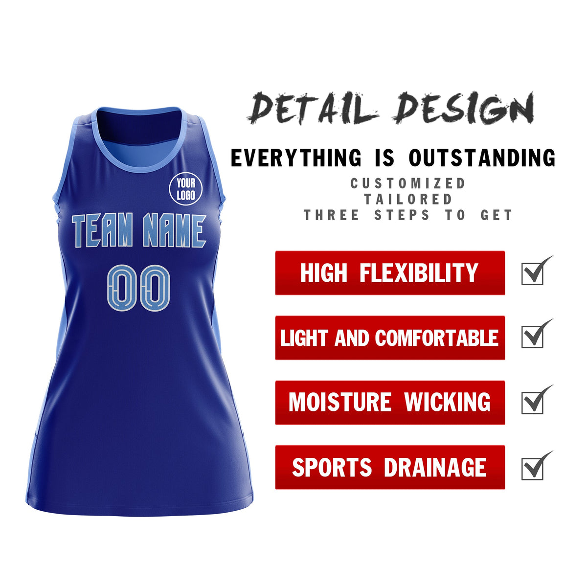 Custom Netball Dress | Royal Blue Powder Blue Classic Style Two-Tone Match Day Uniform