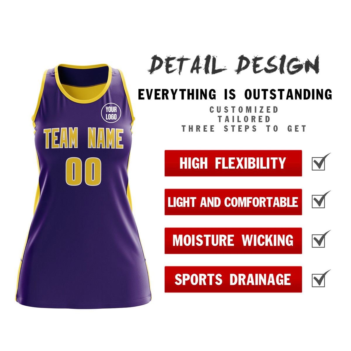 Custom Netball Dress | Purple Gold Classic Style Two-Tone Professional Team Uniforms