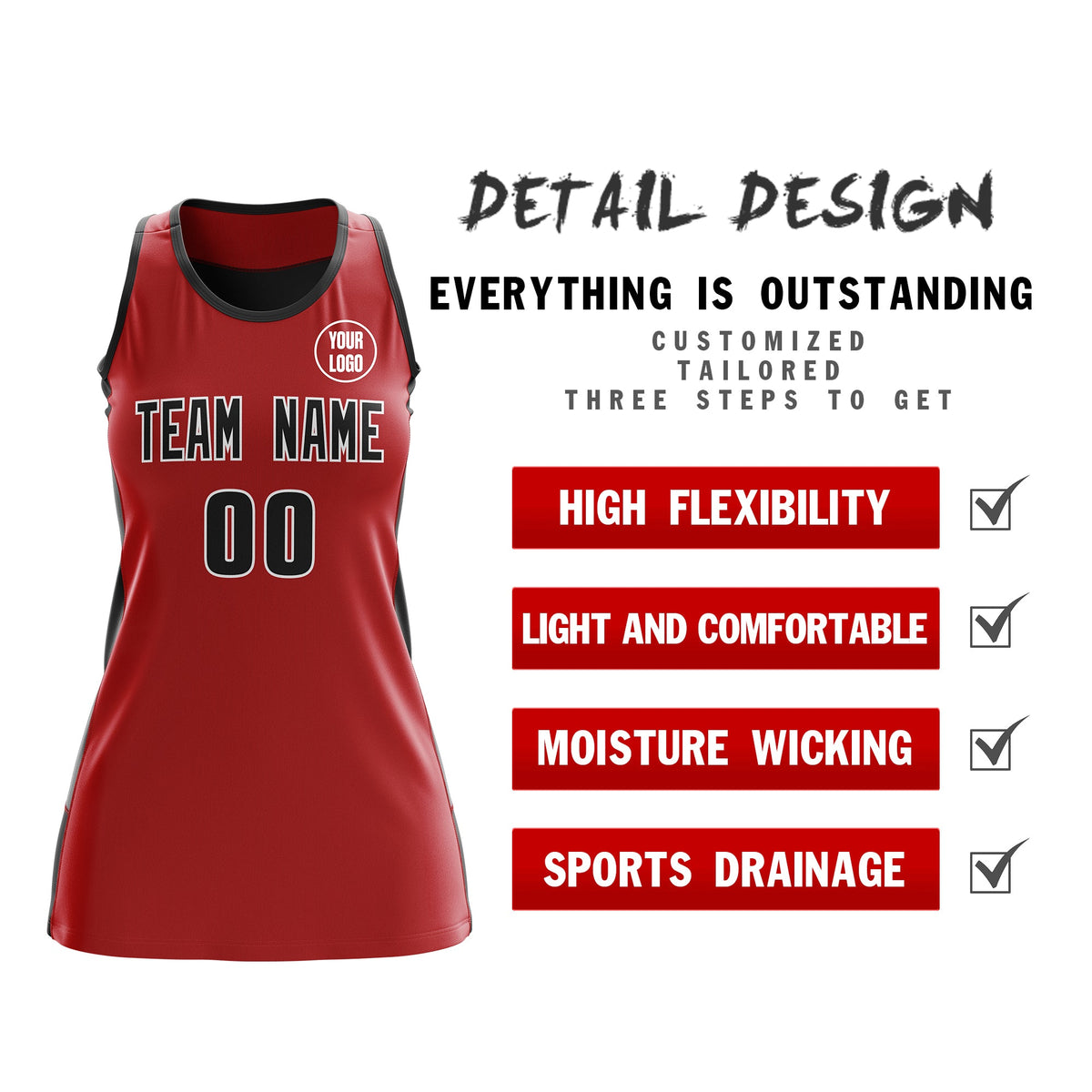 Custom Netball Dress | Red Black Classic Style Two-Tone Match Day Uniform