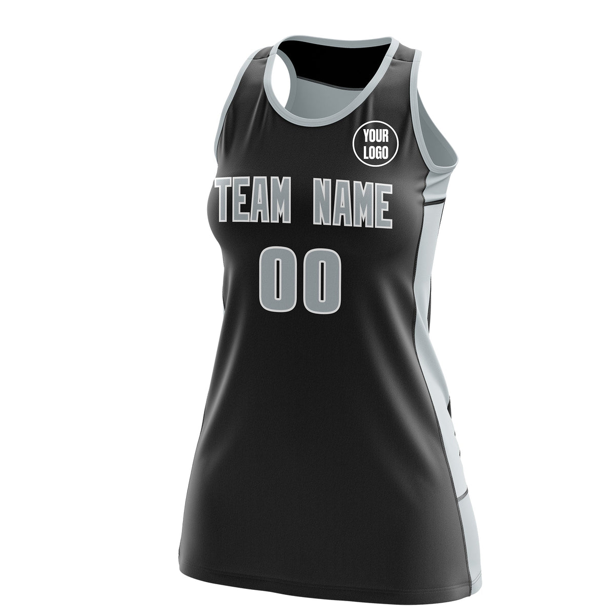 Custom Netball Dress | Black Silver Classic Style Two-Tone Professional Team Uniforms