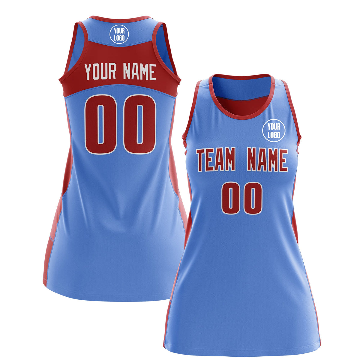 Custom Netball Dress | Powder Blue Red Classic Style Two-Tone Match Day Uniform