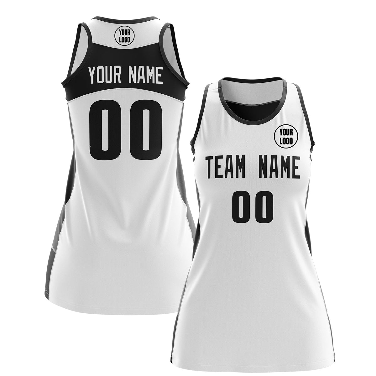 Custom Netball Dress | White Black Classic Style Two-Tone Professional Team Uniforms