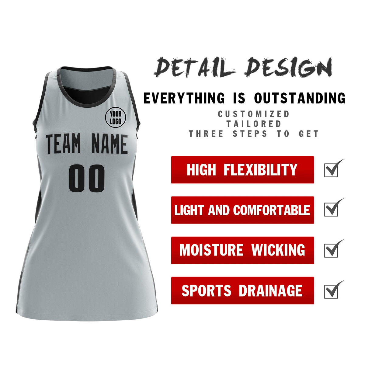 Custom Netball Dress | Silver Black Classic Style Two-Tone Match Day Uniform