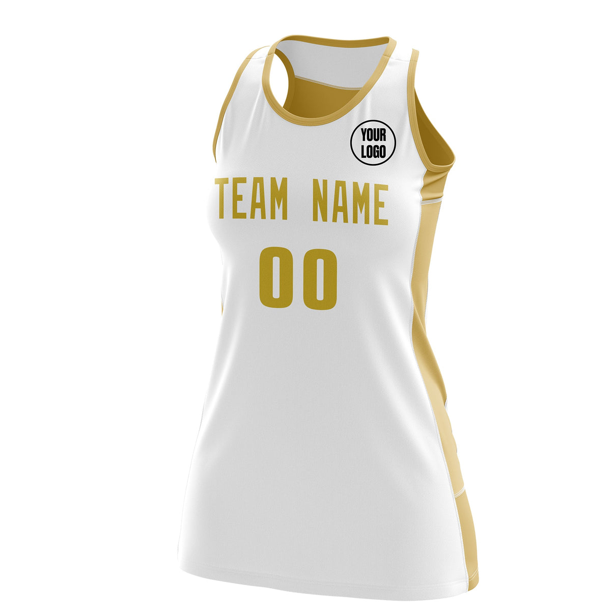 Custom Netball Dress | White Old Gold Classic Style Two-Tone Breathable Performance Sportswear