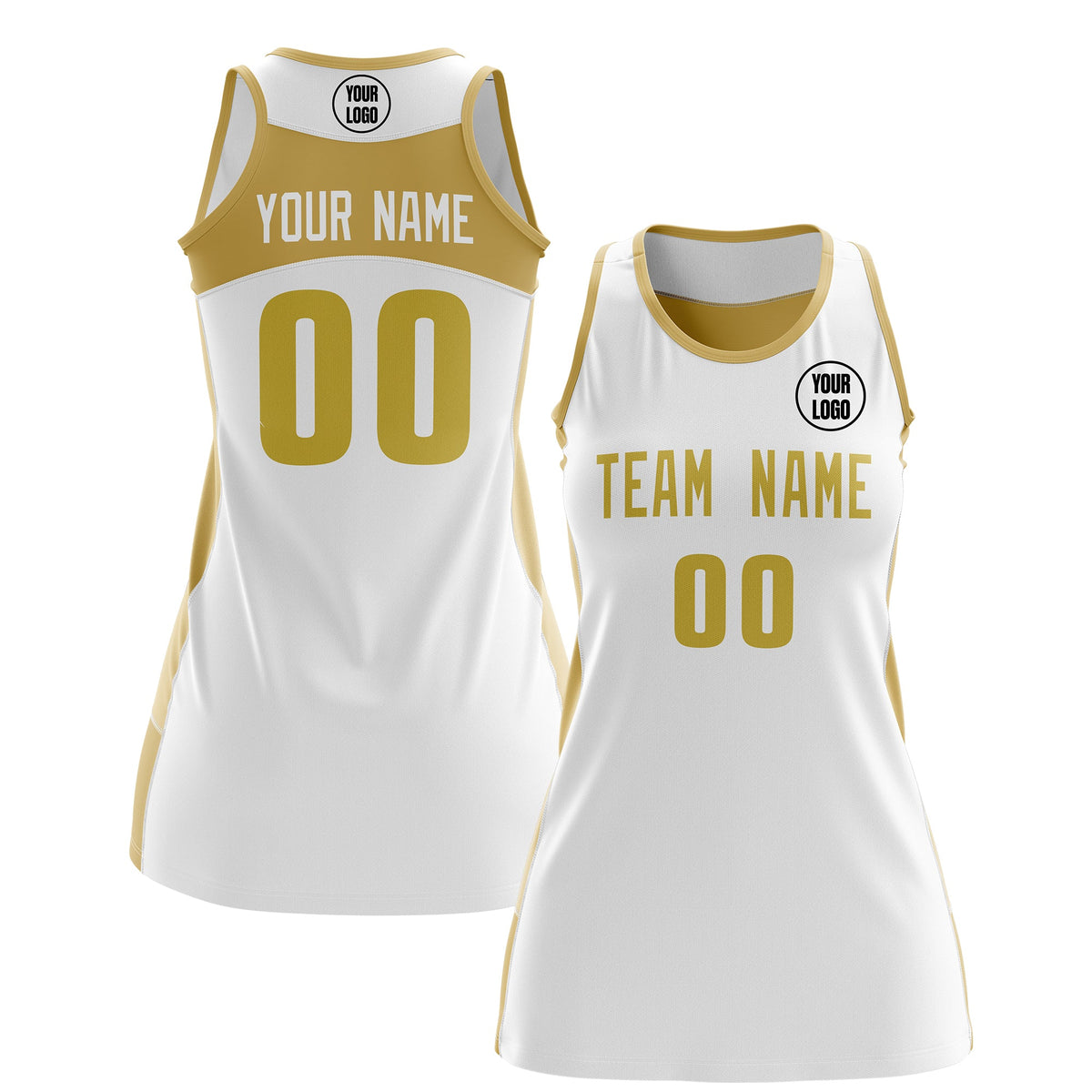 Custom Netball Dress | White Old Gold Classic Style Two-Tone Breathable Performance Sportswear