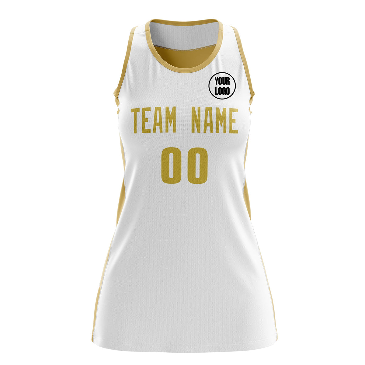 Custom Netball Dress | White Old Gold Classic Style Two-Tone Breathable Performance Sportswear
