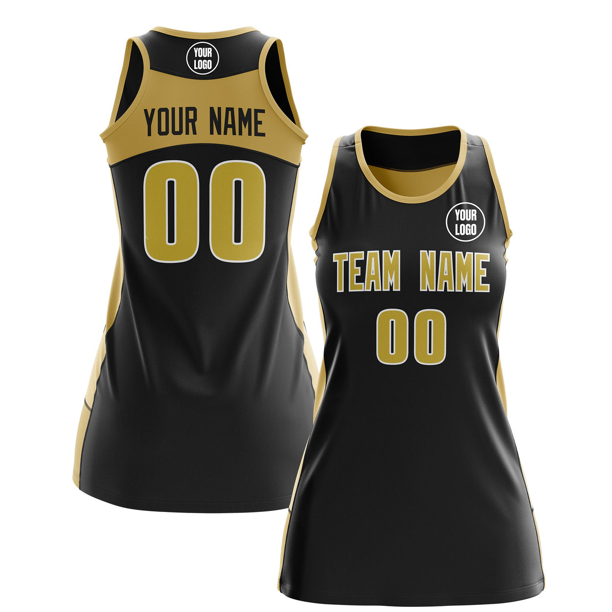 Custom Netball Dress | Black Old Gold Classic Style Two-Tone Professional Team Uniforms