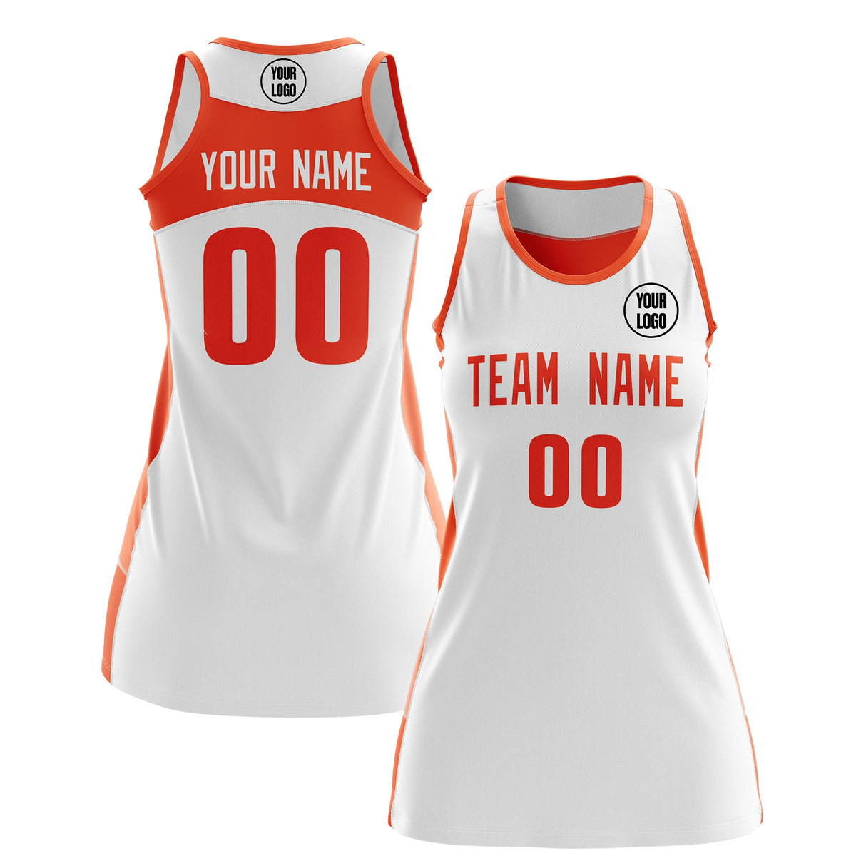 Custom Netball Dress | White Orange Classic Style Two-Tone Match Day Uniform