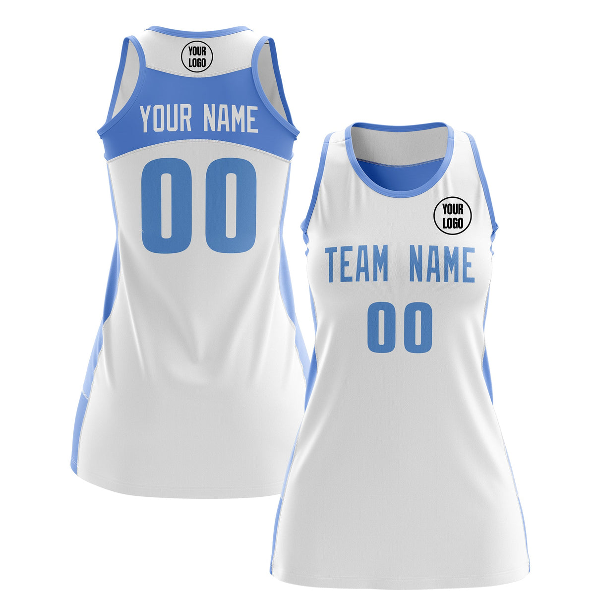 Custom Netball Dress | White Powder Blue Classic Style Two-Tone Match Day Uniform