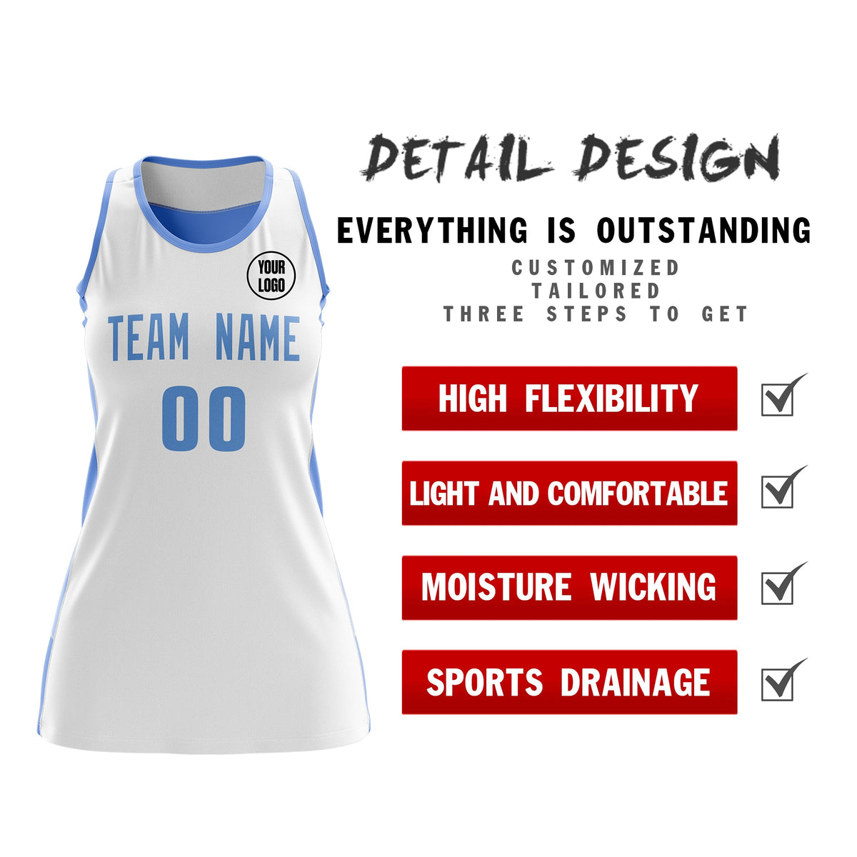 Custom Netball Dress | White Powder Blue Classic Style Two-Tone Match Day Uniform