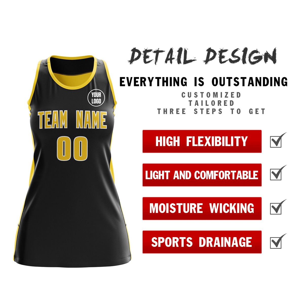 Custom Netball Dress | Black Gold Classic Style Two-Tone Match Day Uniform