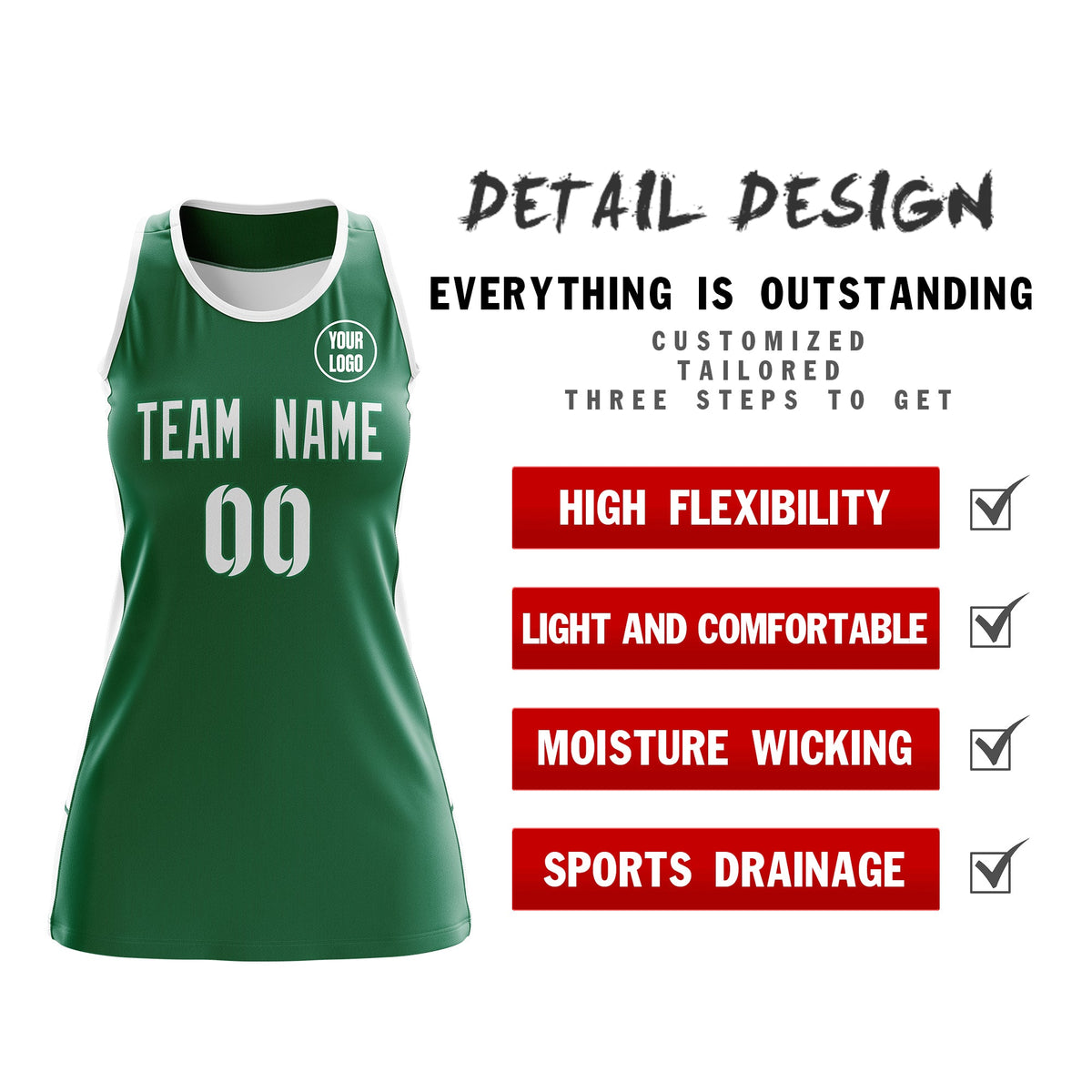 Custom Netball Dress | Kelly Green White Classic Style Two-Tone Breathable Performance Sportswear