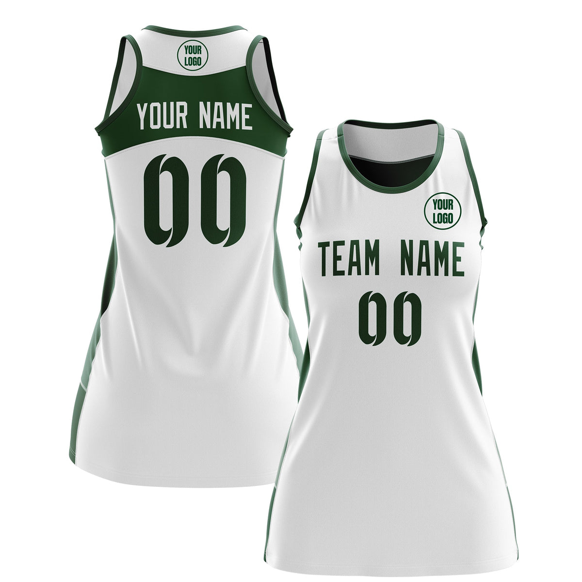 Custom Netball Dress | White Green Classic Style Two-Tone Professional Team Uniforms