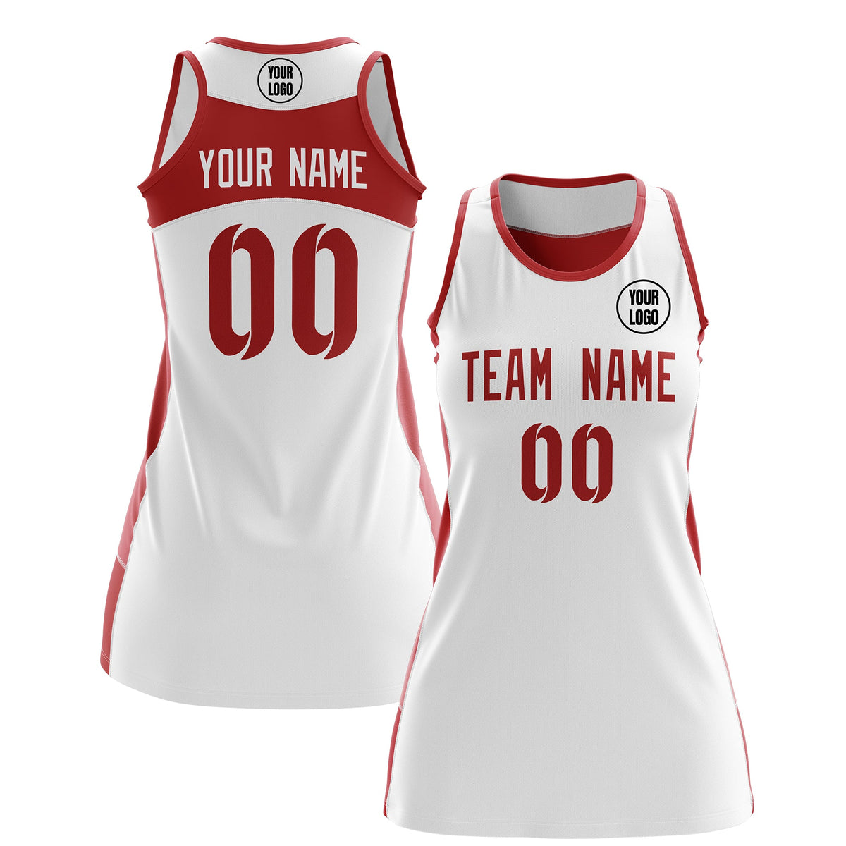 Custom Netball Dress | White Red Classic Style Two-Tone Professional Team Uniforms