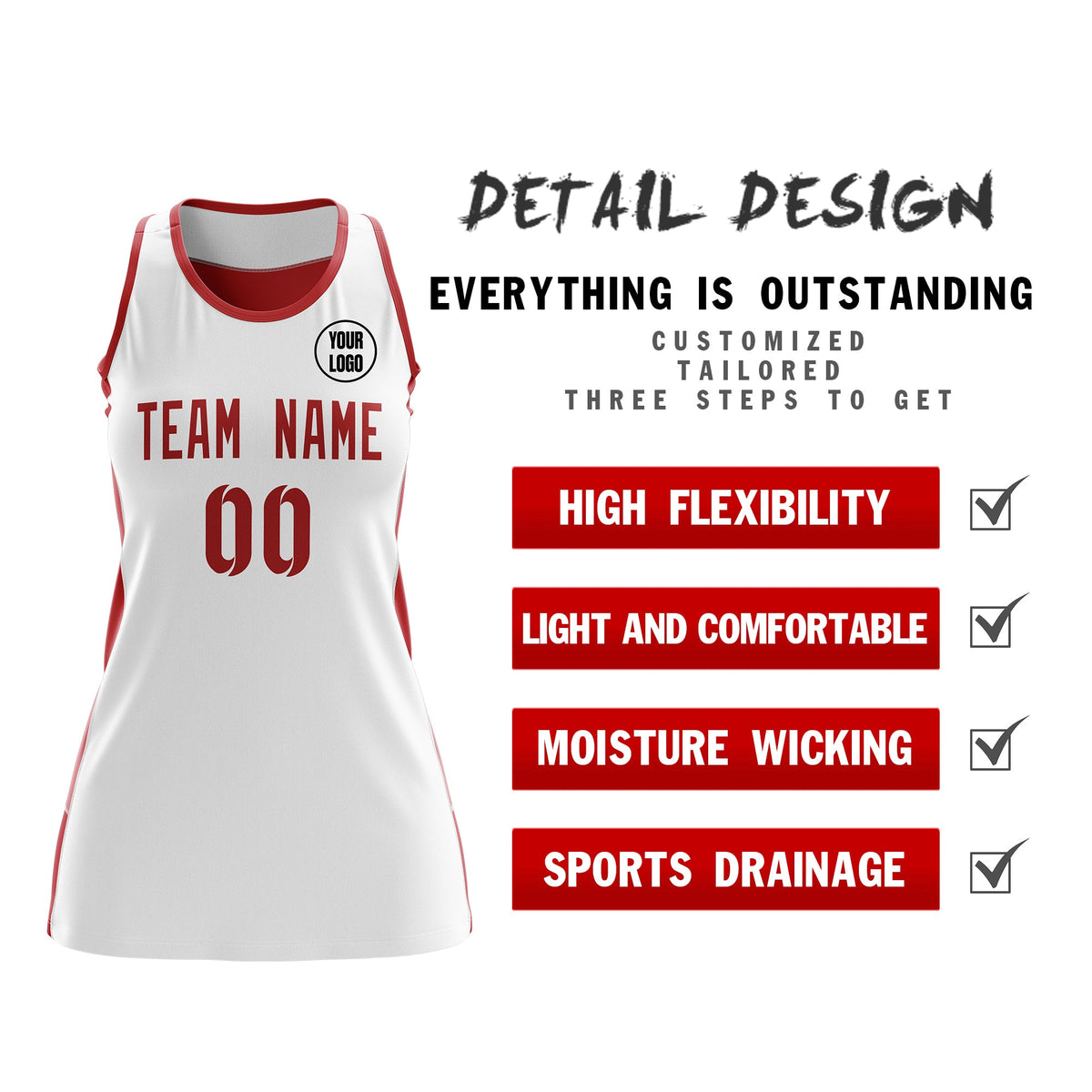Custom Netball Dress | White Red Classic Style Two-Tone Professional Team Uniforms