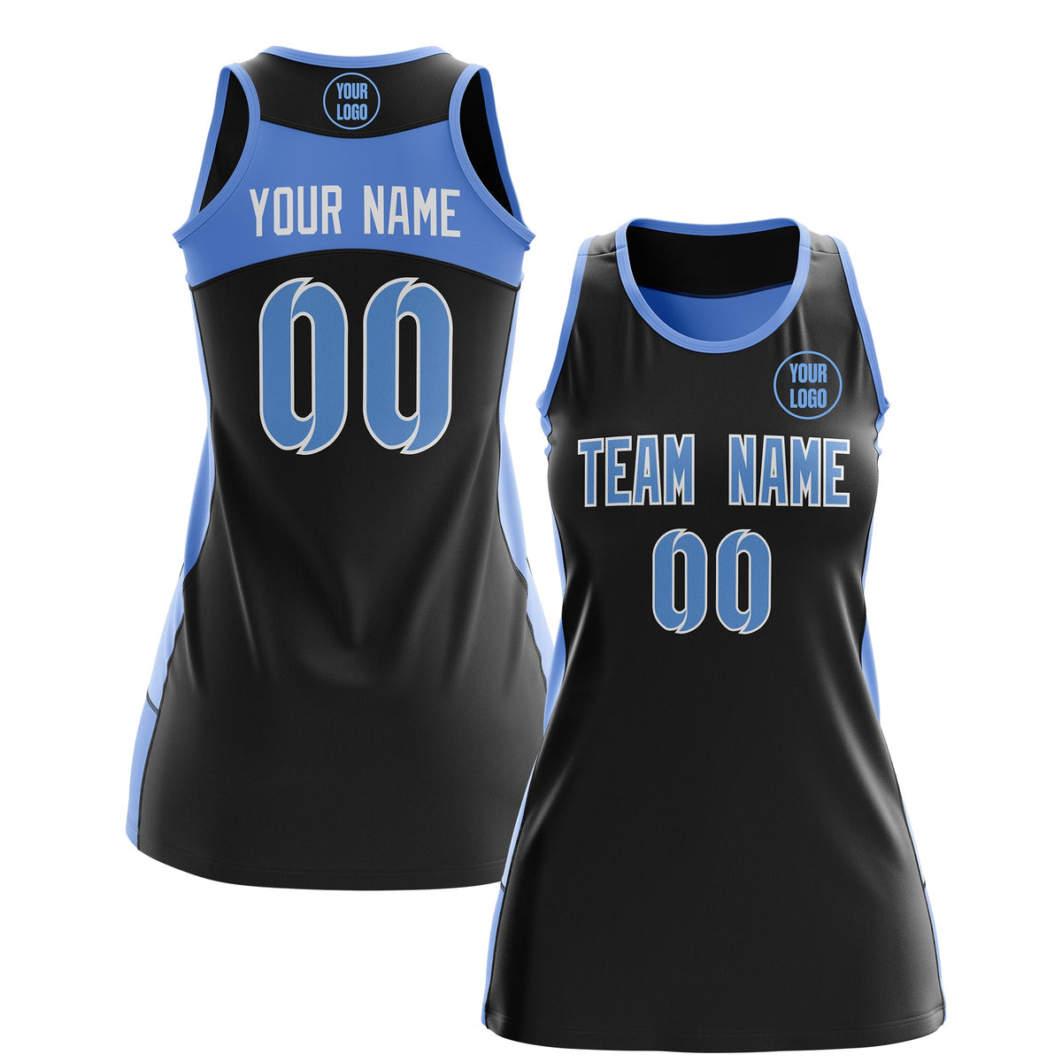 Custom Netball Dress | Black Powder Blue Classic Style Two-Tone Professional Team Uniforms