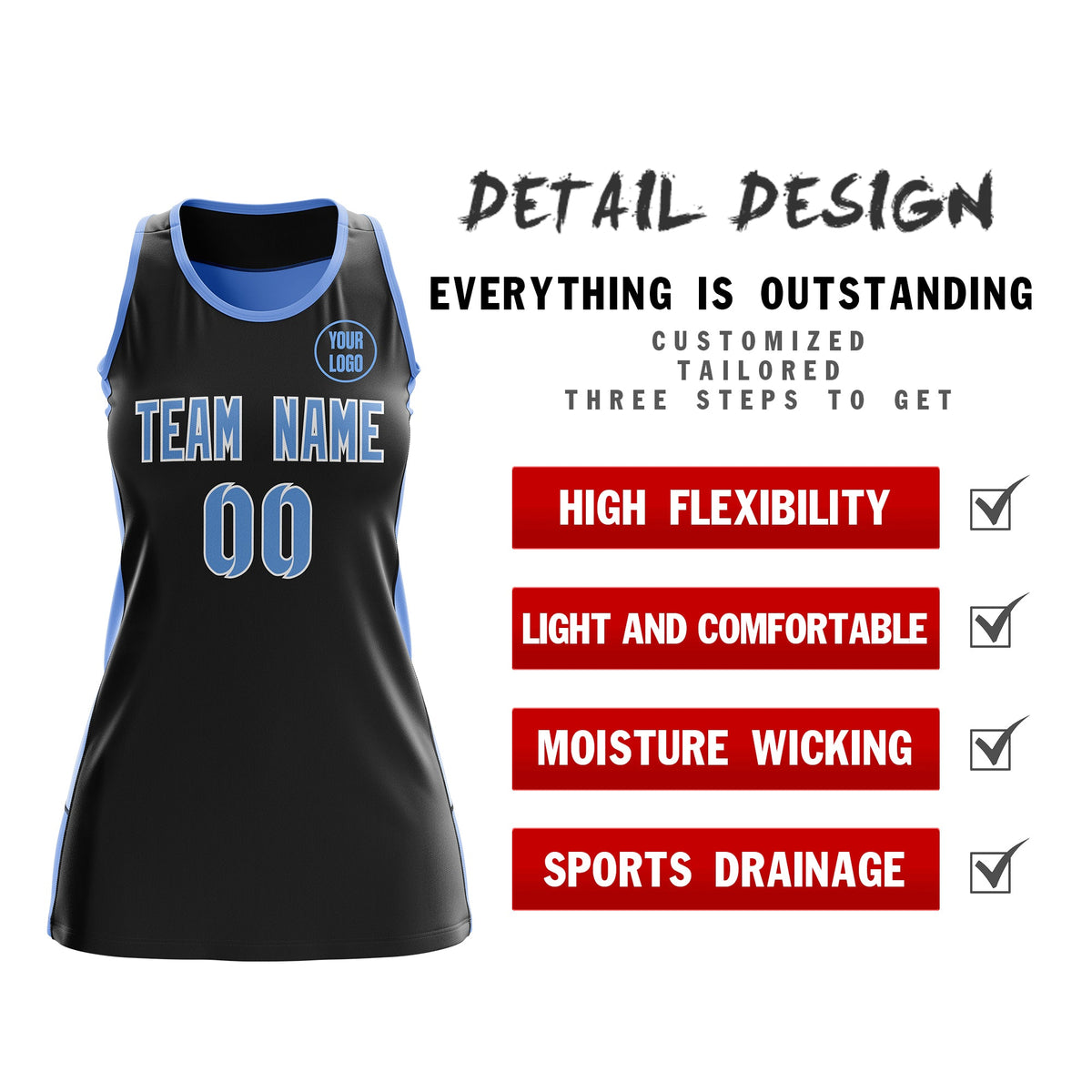 Custom Netball Dress | Black Powder Blue Classic Style Two-Tone Professional Team Uniforms