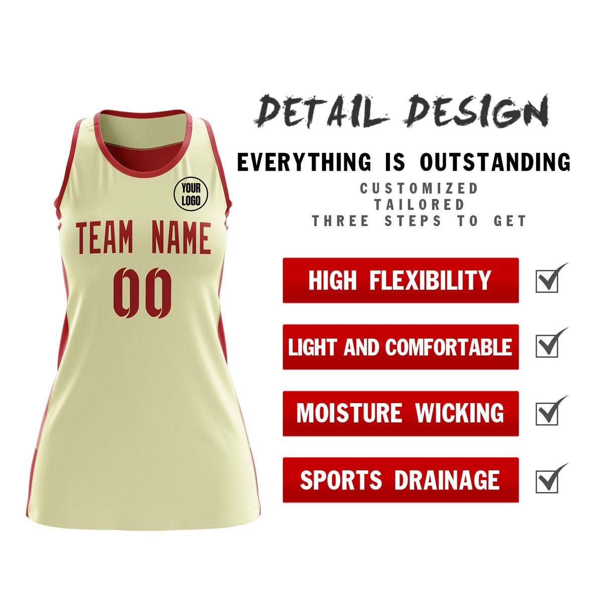 Custom Netball Dress | Cream Red Classic Style Two-Tone Breathable Performance Sportswear