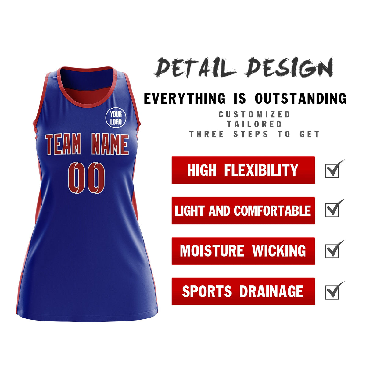Custom Netball Dress | Royal Blue Red Classic Style Two-Tone Professional Team Uniforms