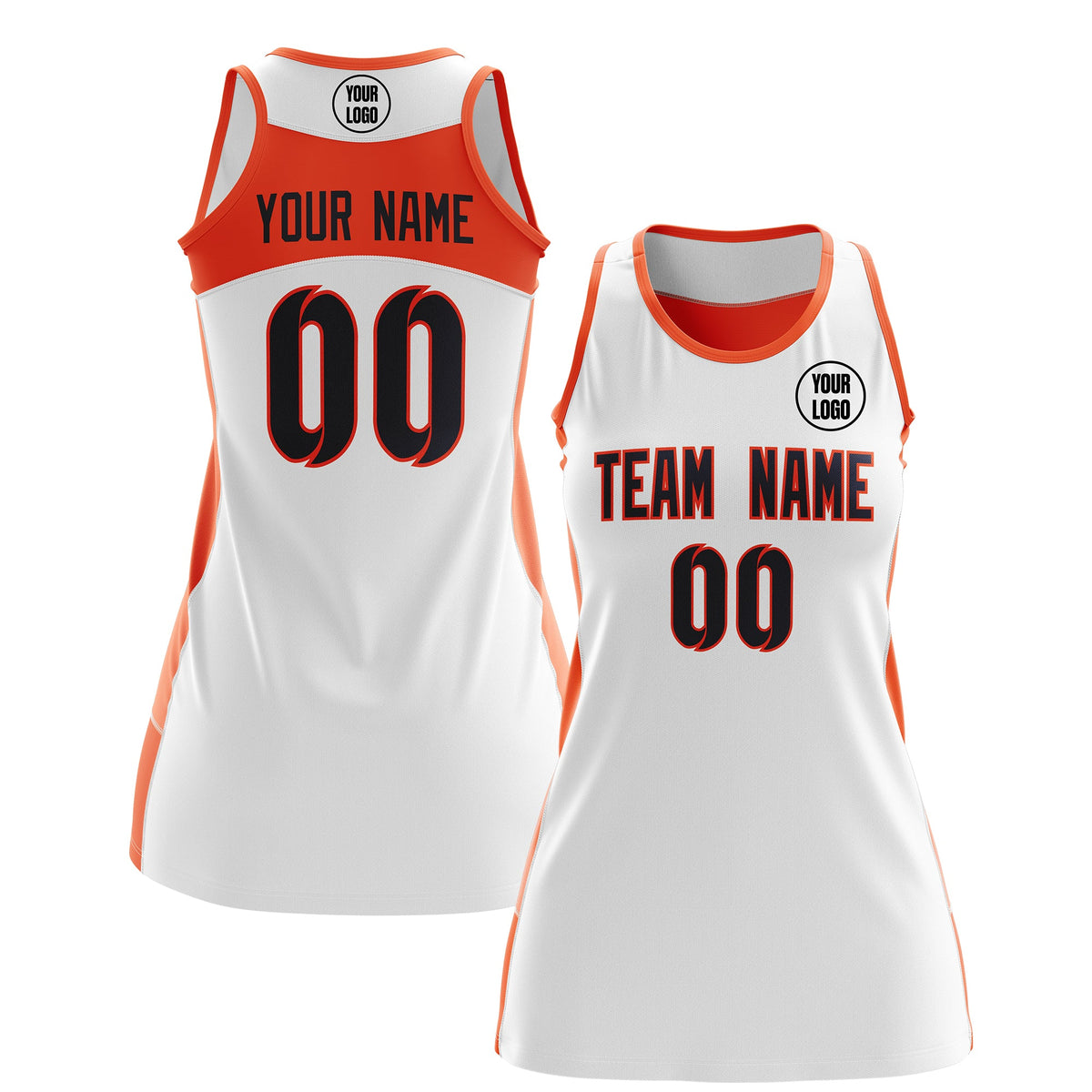 Custom Netball Dress | White Orange Classic Style Two-Tone Breathable Performance Sportswear