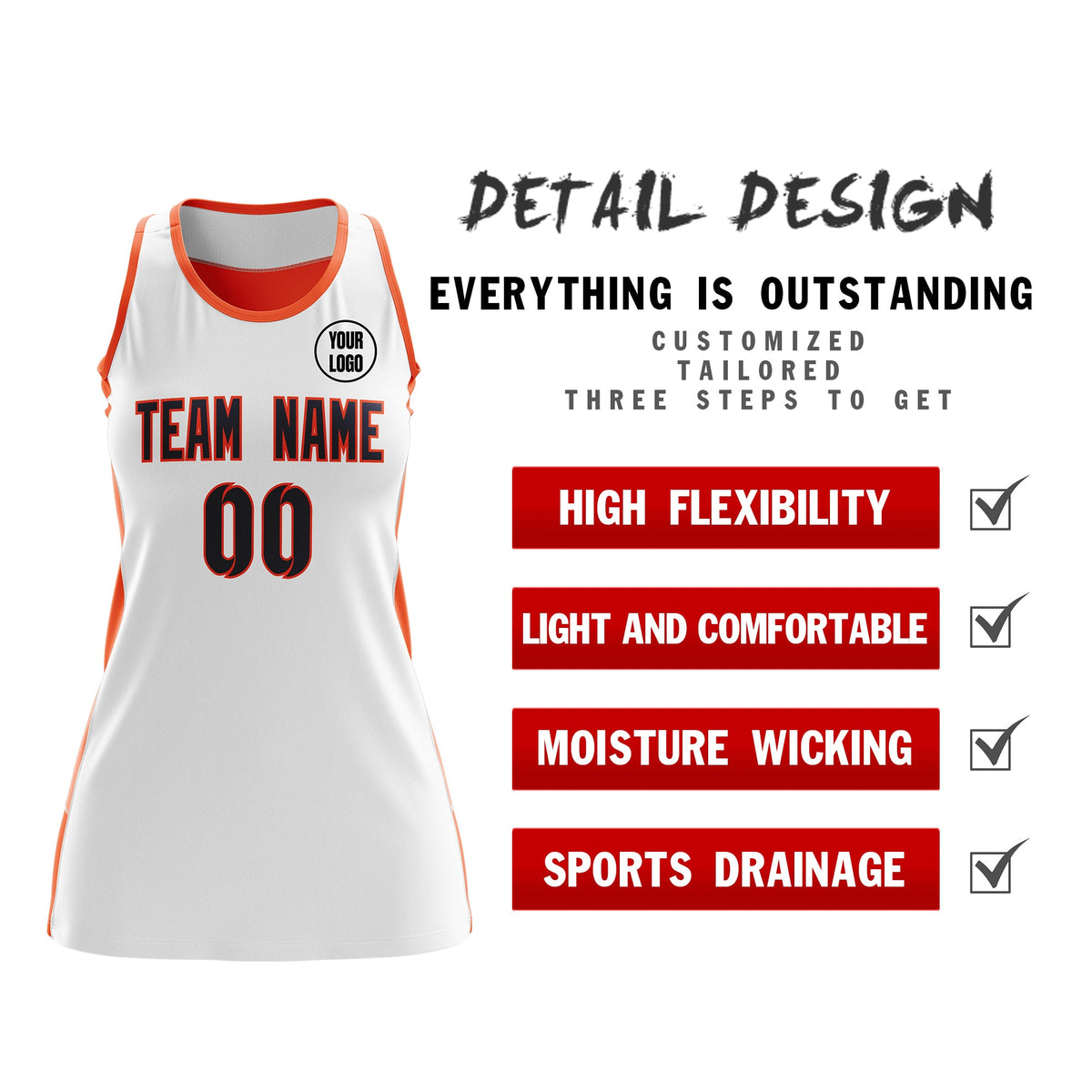 Custom Netball Dress | White Orange Classic Style Two-Tone Breathable Performance Sportswear