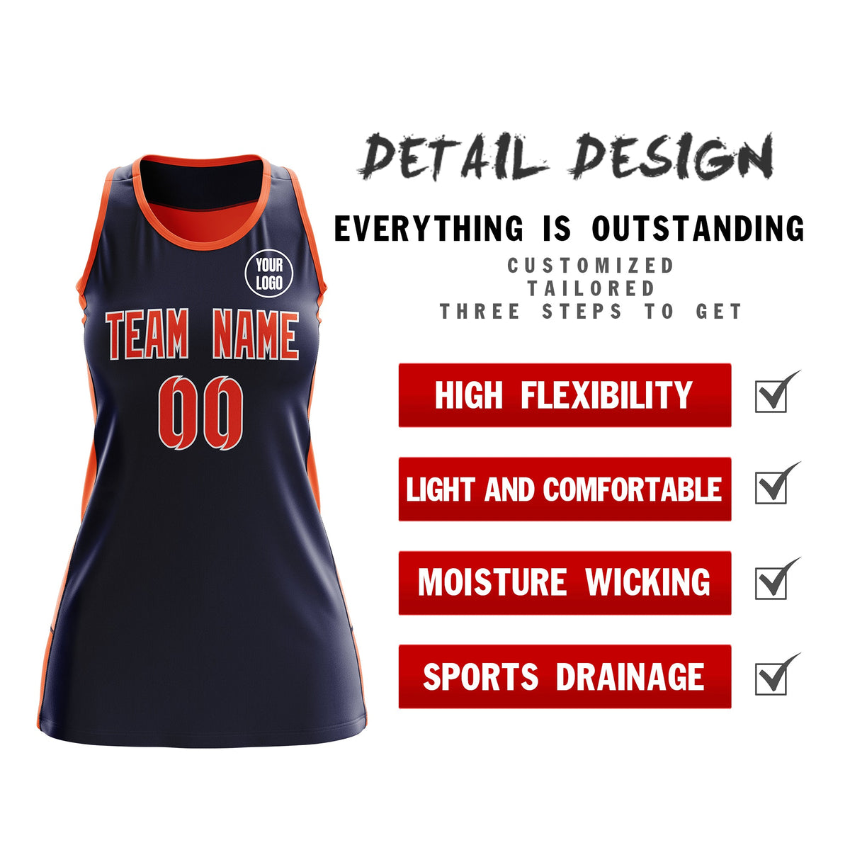 Custom Netball Dress | Navy Orange Classic Style Two-Tone Professional Team Uniforms