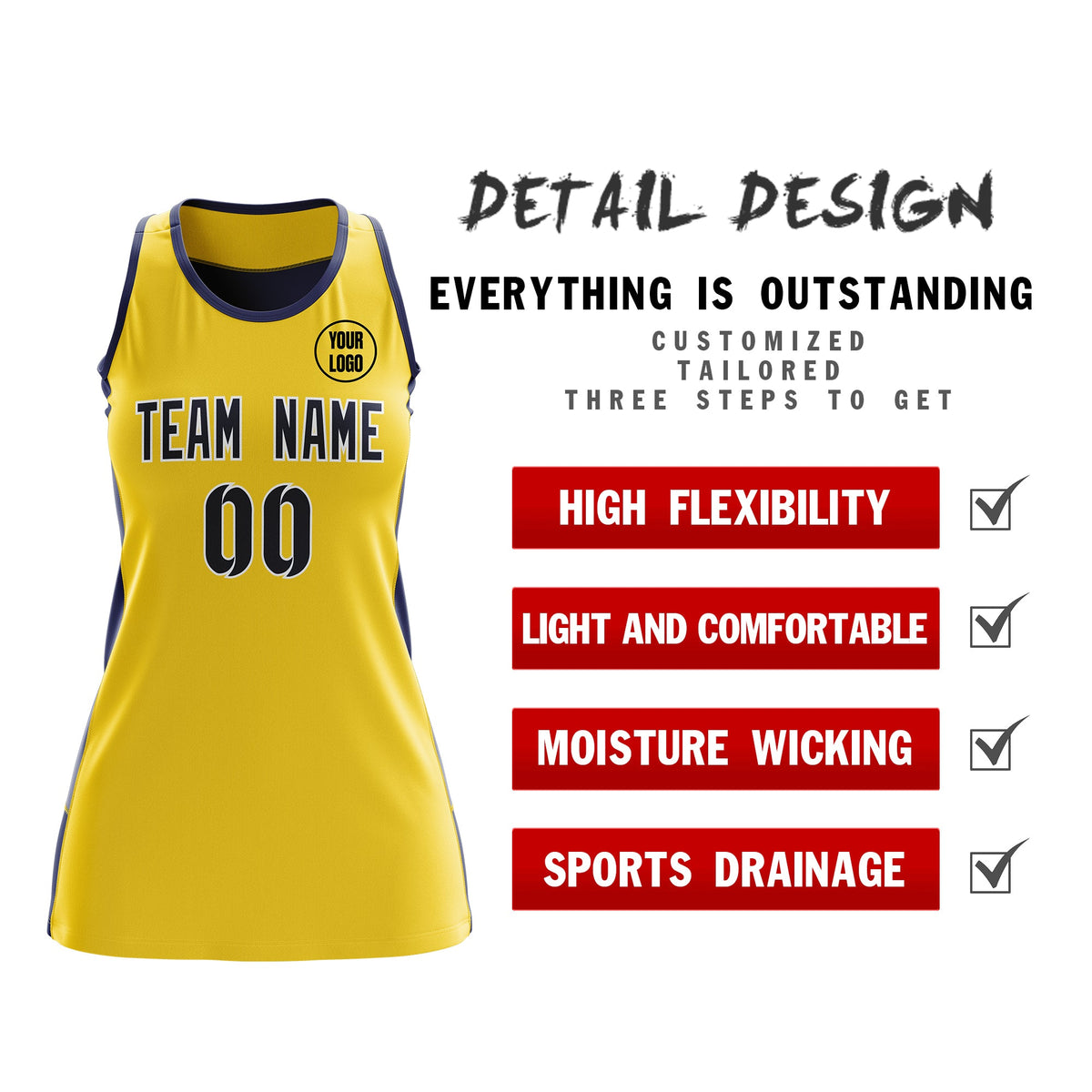 Custom Netball Dress | Gold Navy Classic Style Two-Tone Professional Team Uniforms