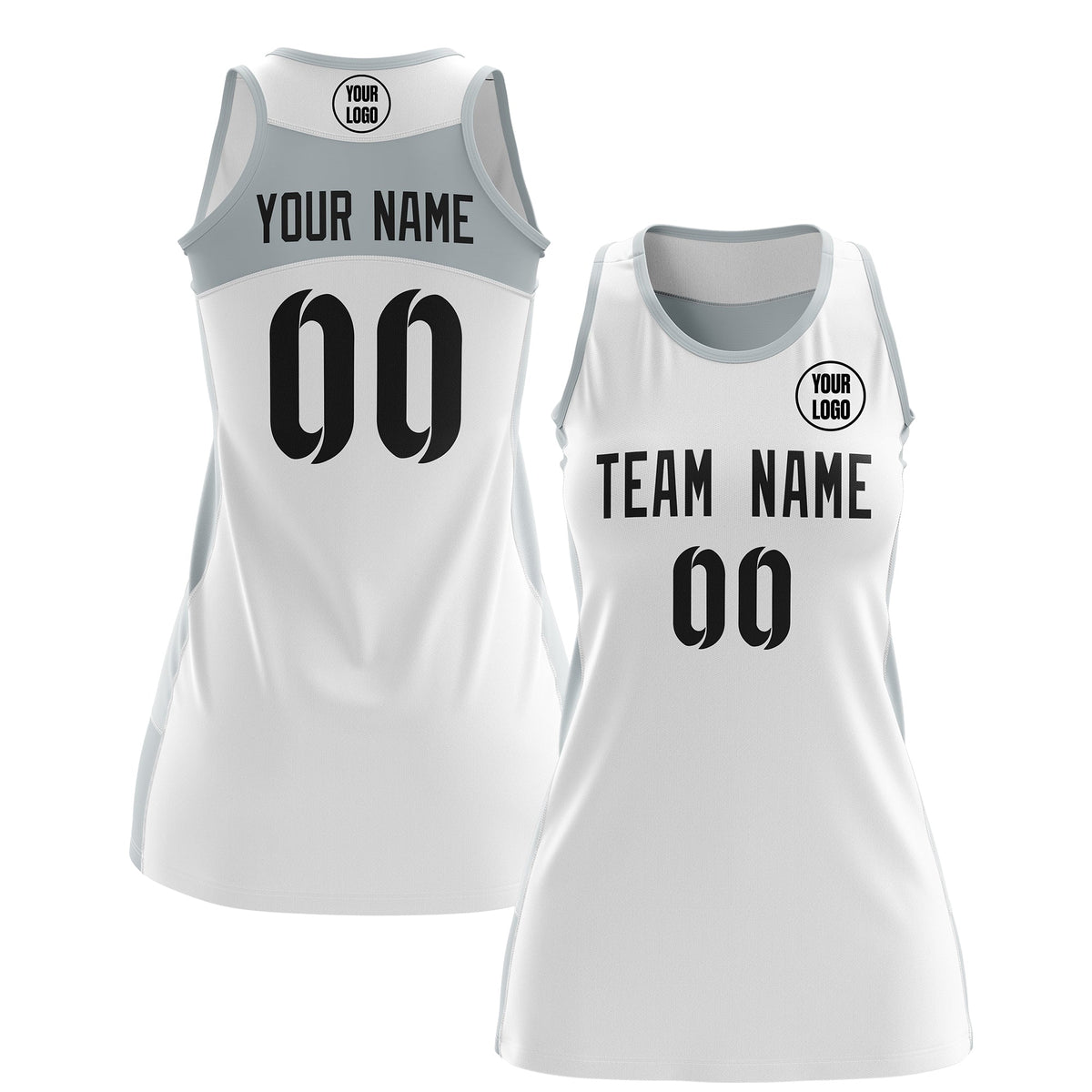 Custom Netball Dress | White Silver Classic Style Two-Tone Match Day Uniform