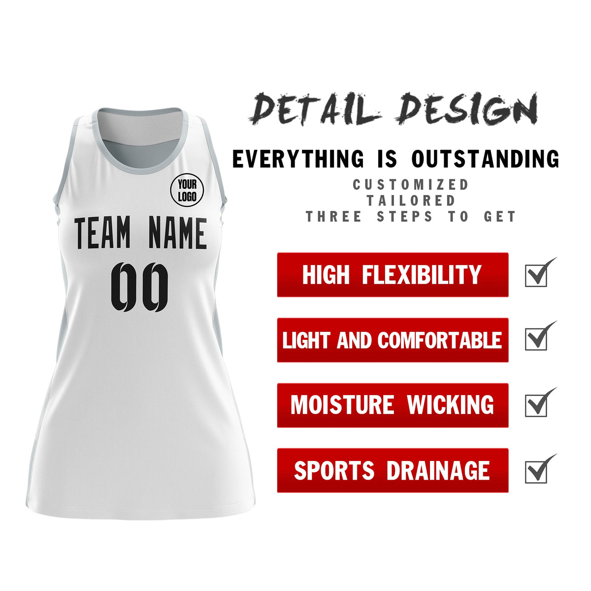 Custom Netball Dress | White Silver Classic Style Two-Tone Match Day Uniform