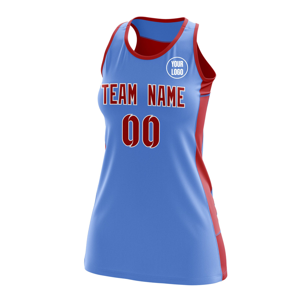 Custom Netball Dress | Powder Blue Red Classic Style Two-Tone Match Day Uniform
