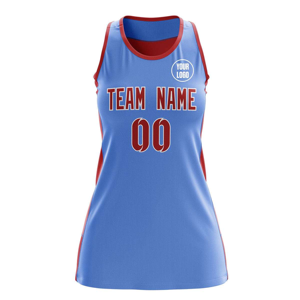 Custom Netball Dress | Powder Blue Red Classic Style Two-Tone Match Day Uniform