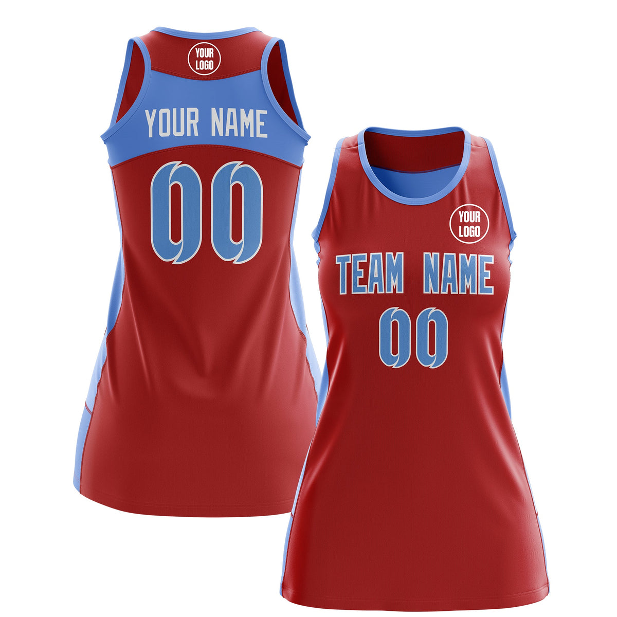 Custom Netball Dress | Red Powder Blue Classic Style Two-Tone Breathable Performance Sportswear