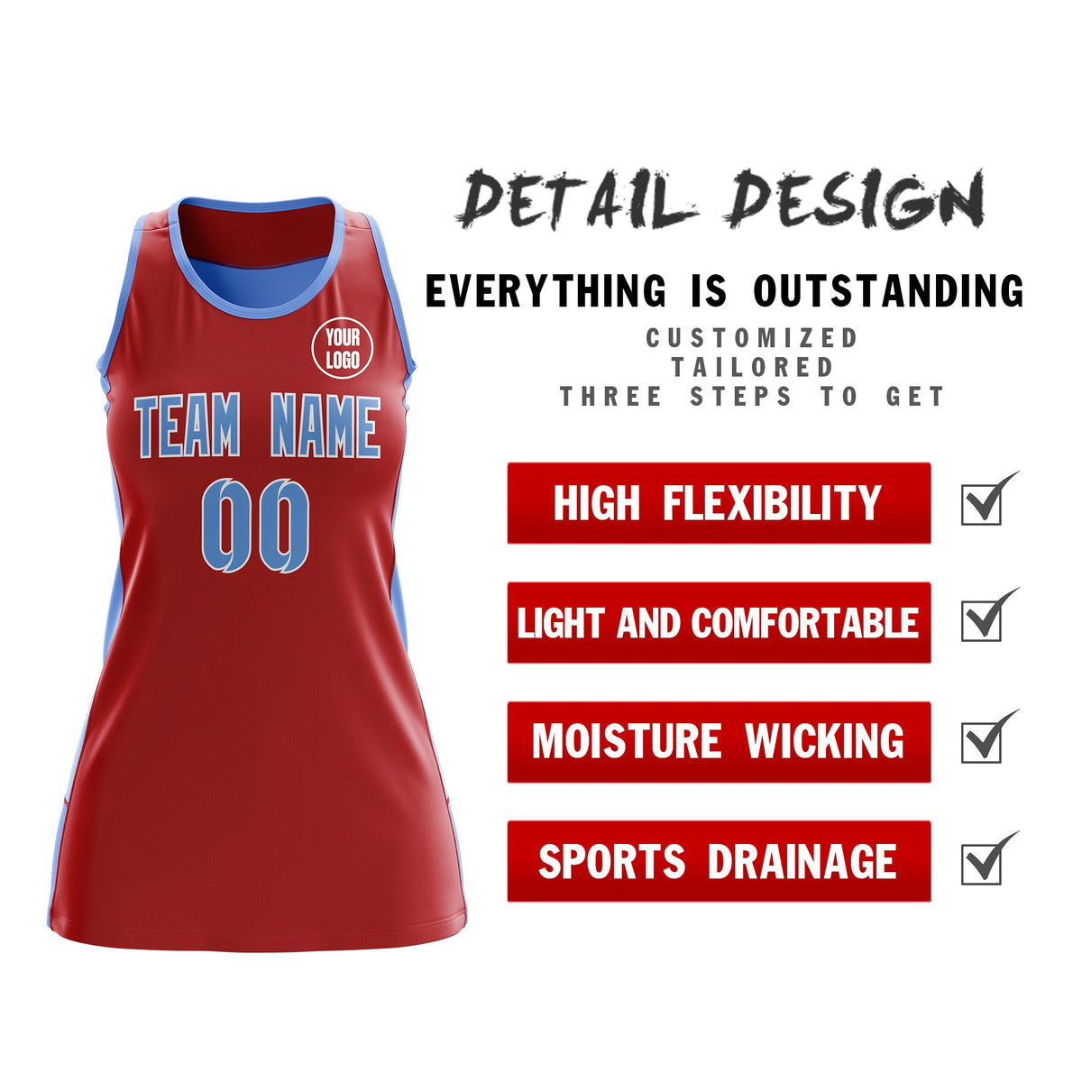 Custom Netball Dress | Red Powder Blue Classic Style Two-Tone Breathable Performance Sportswear